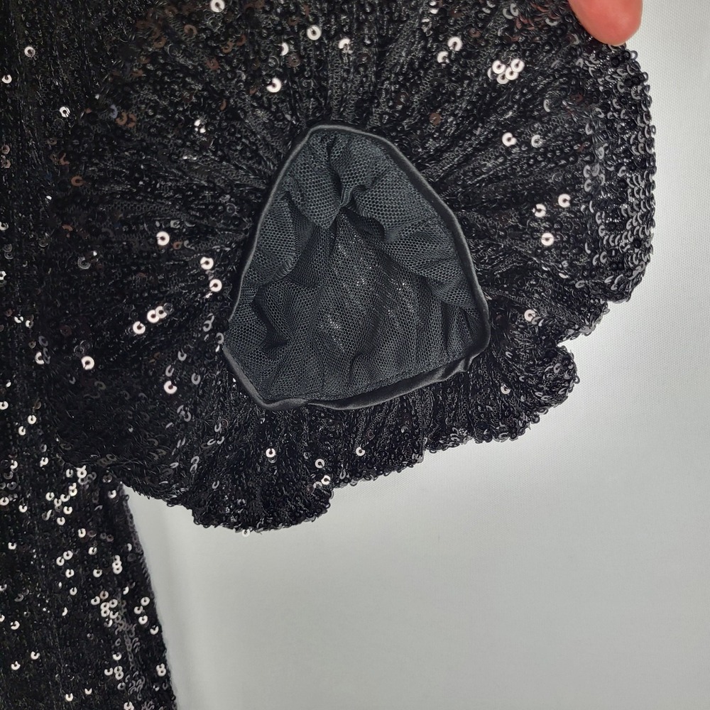 Eliza J Sequined Dress Women's 10 Black Faux Wrap Balloon Sleeves V Neck NWT - Picture 12 of 16
